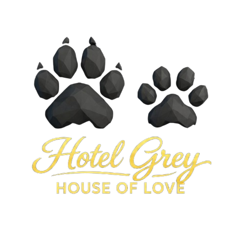 Logo hotelu Grey z dwoma śladami łapy i napisem House of Love.